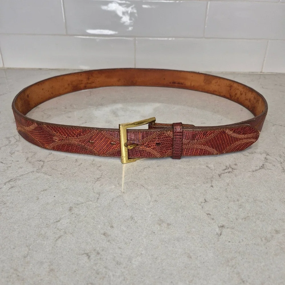 Vintage Justin Belt Genuine Lizard Exotic Skin 40 Brown Mens